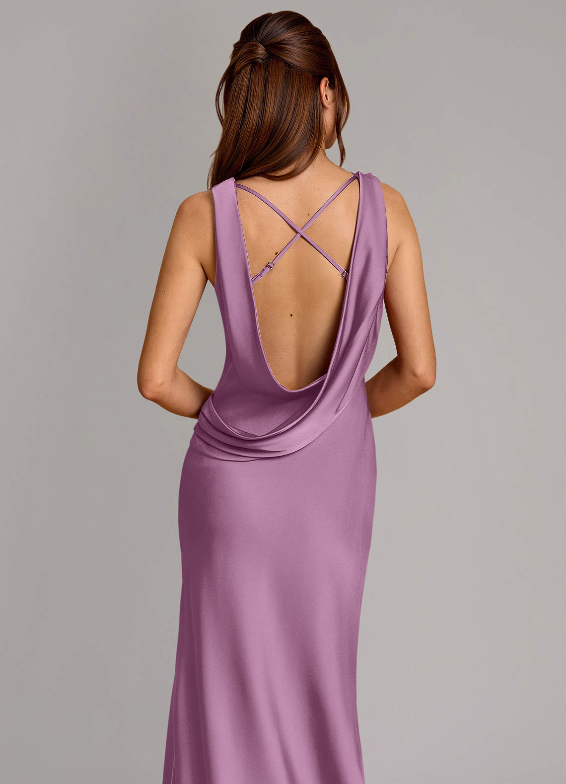 Cheryl Mermaid Cowl-Neck Stretch Satin Bridesmaid Dress in Wisteria