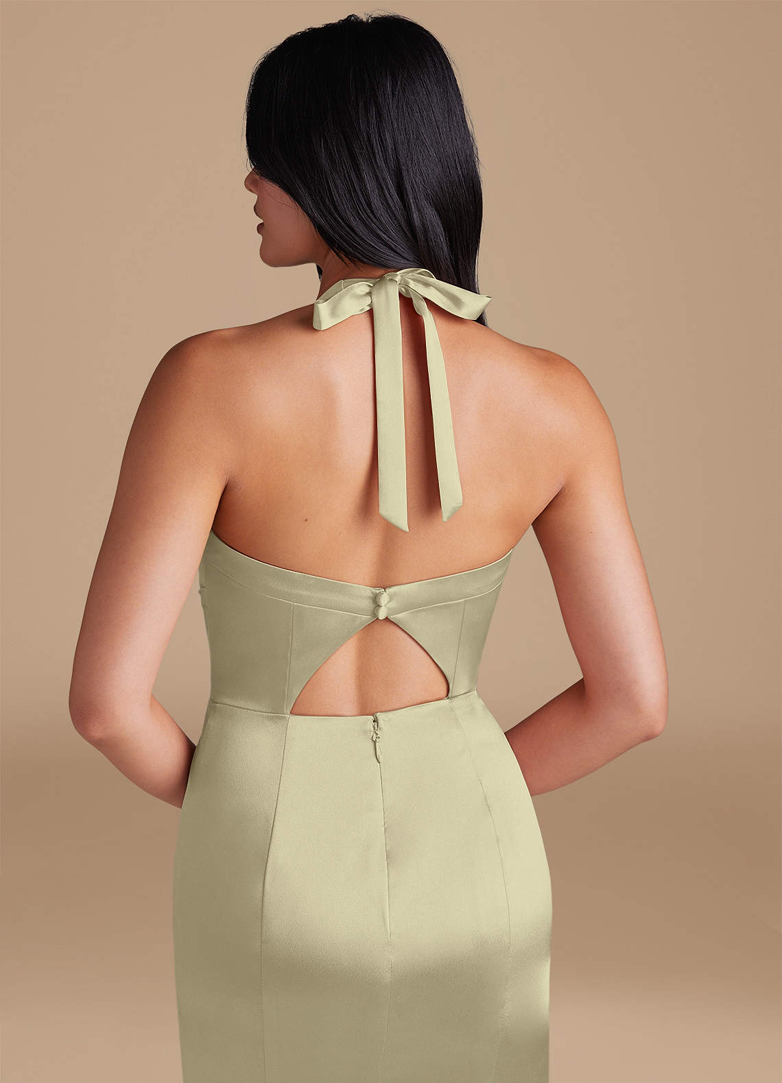 Emeria Sheath Halter Metallic Satin Bridesmaid Dress in Moss Green