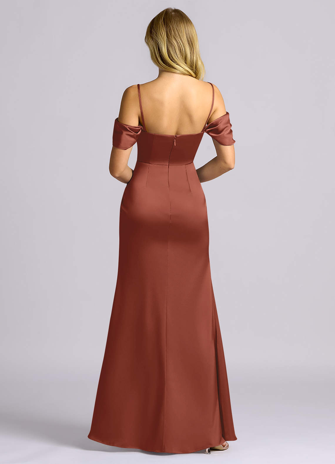 Auden Sheath Off-the-Shoulder Stretch Satin Bridesmaid Dress in Auburn