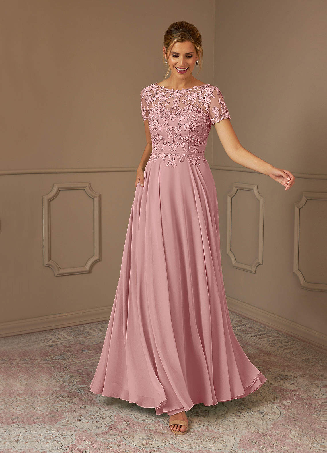 Adina A-Line Boat-Neck Chiffon Mother of the Bride Dress in Dusty Rose