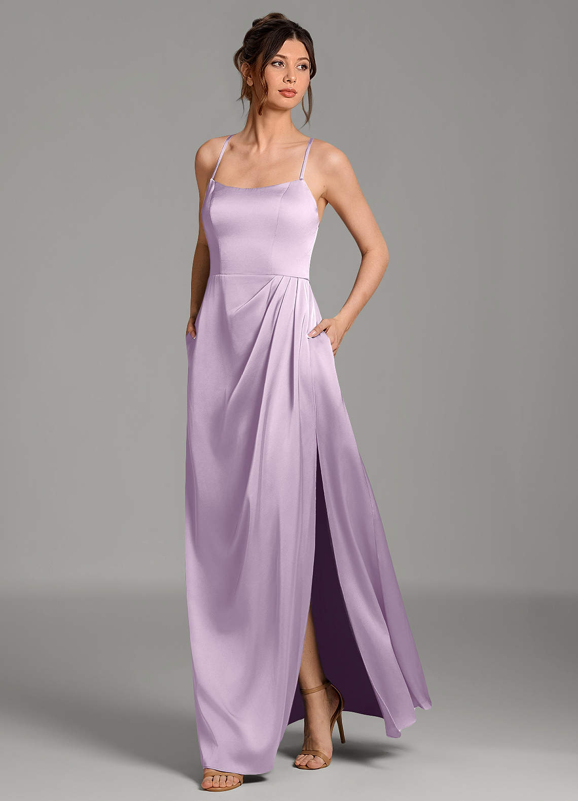 Frankie A-Line Scoop-Neck Stretch Satin Bridesmaid Dress in Frosted Lilac