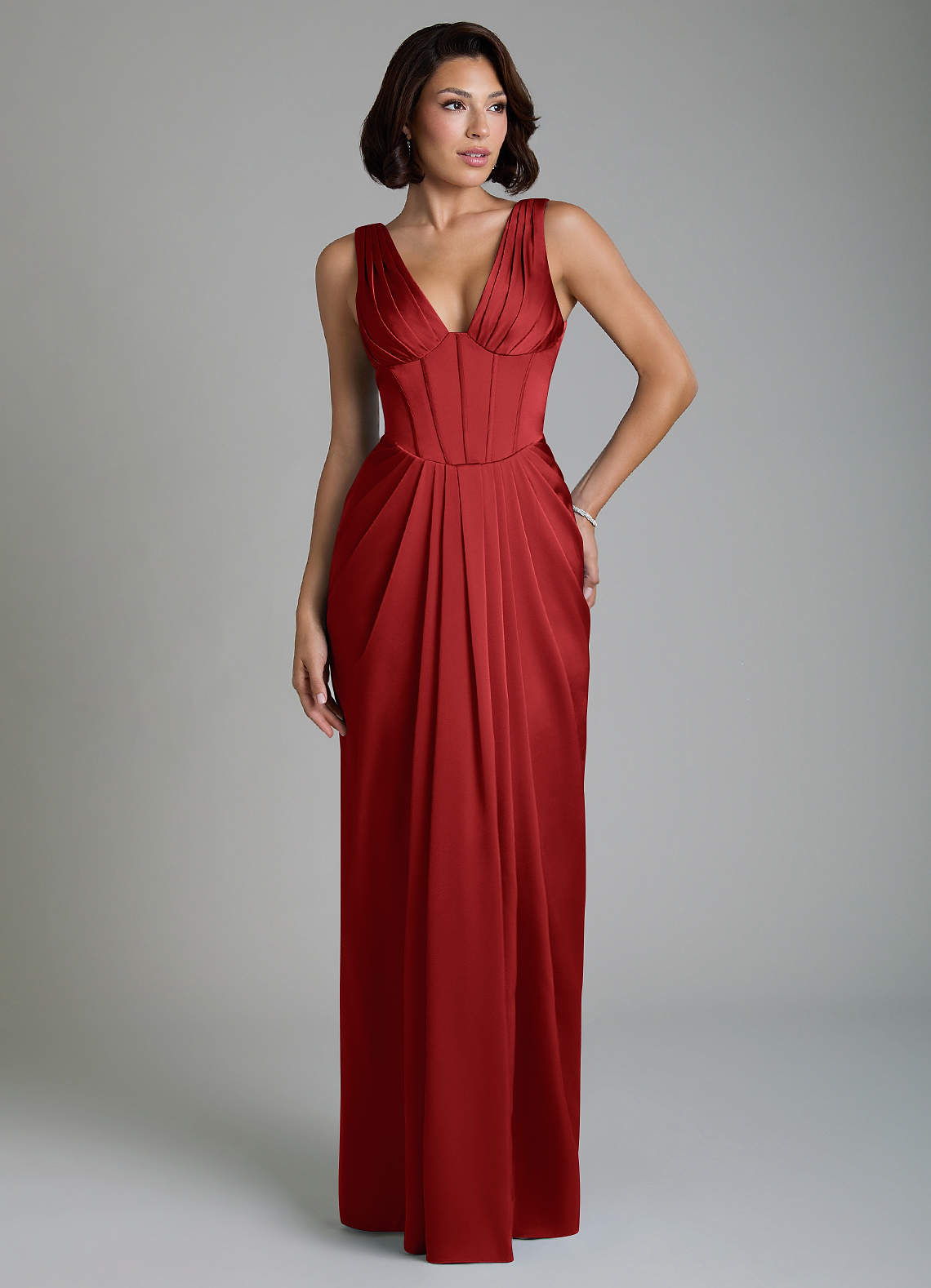 Vanya Sheath V-Neck Stretch Satin Bridesmaid Dress in Pomegranate
