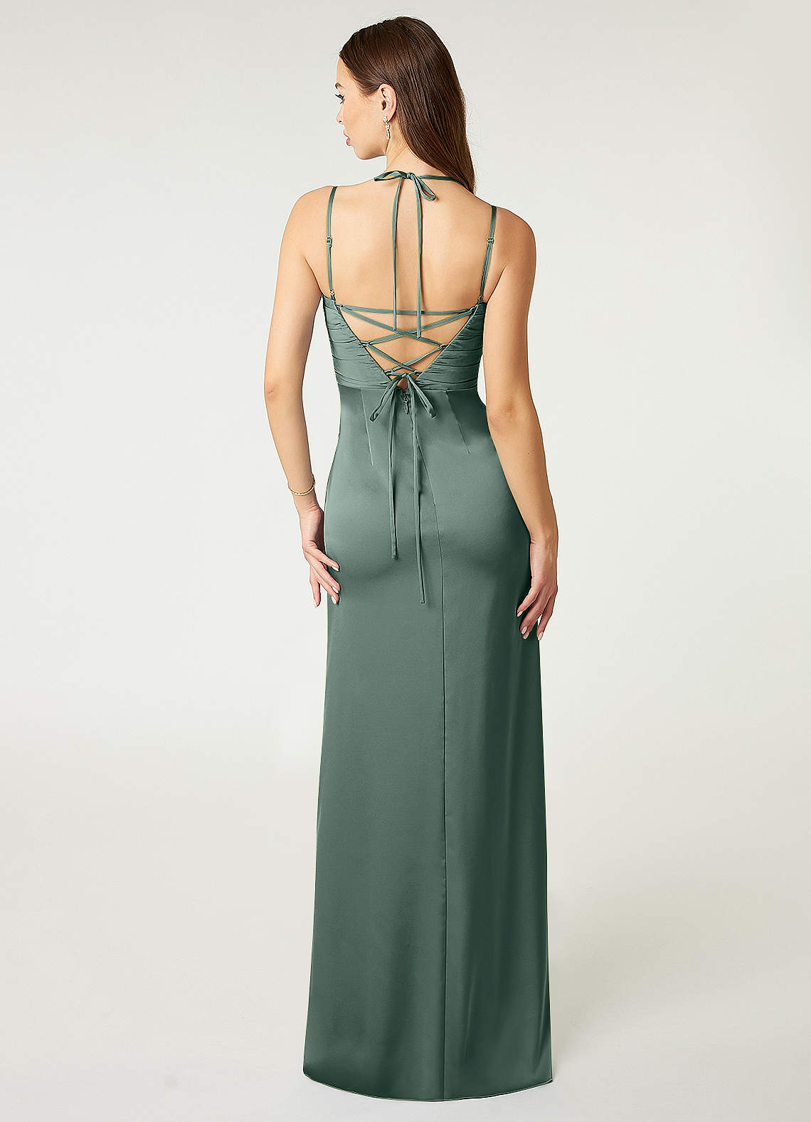 Desi Sheath Halter Stretch Satin Bridesmaid Dress in Sea Moss