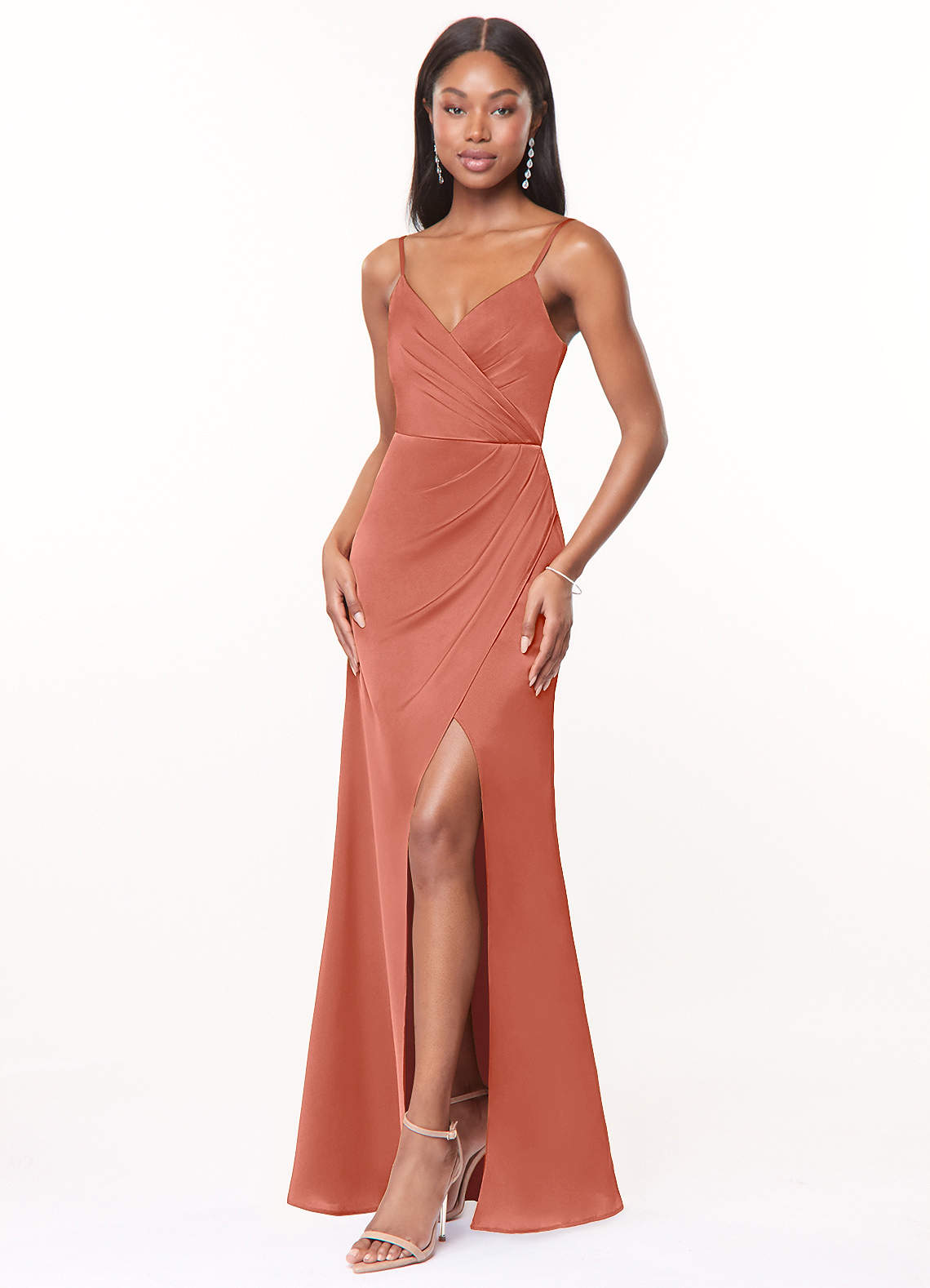 Maci A-Line V-Neck Stretch Satin Bridesmaid Dress in Salmon Pink