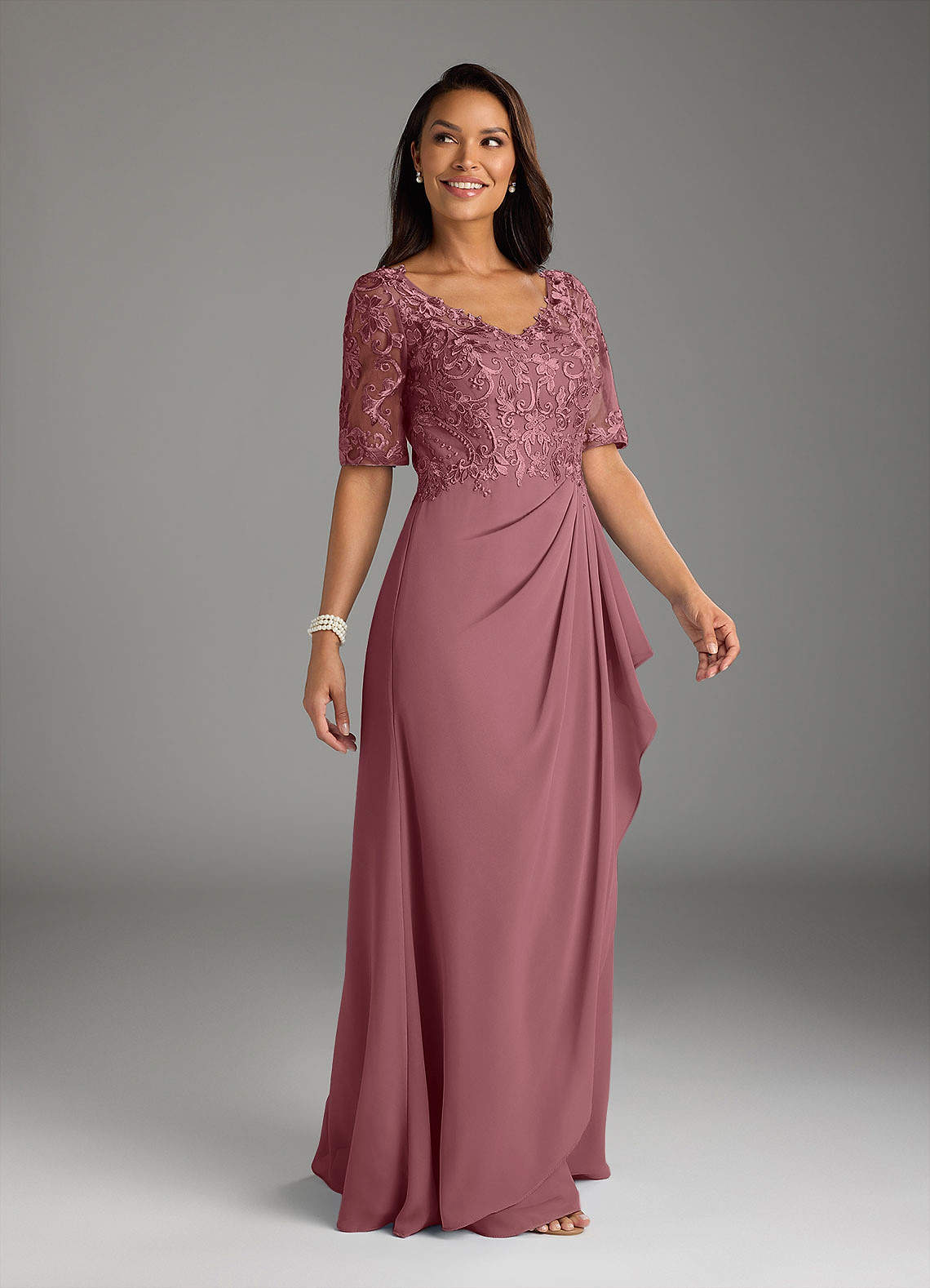 Amedeus A-Line V-Neck Chiffon and Lace Mother of the Bride Dress in Desert Rose
