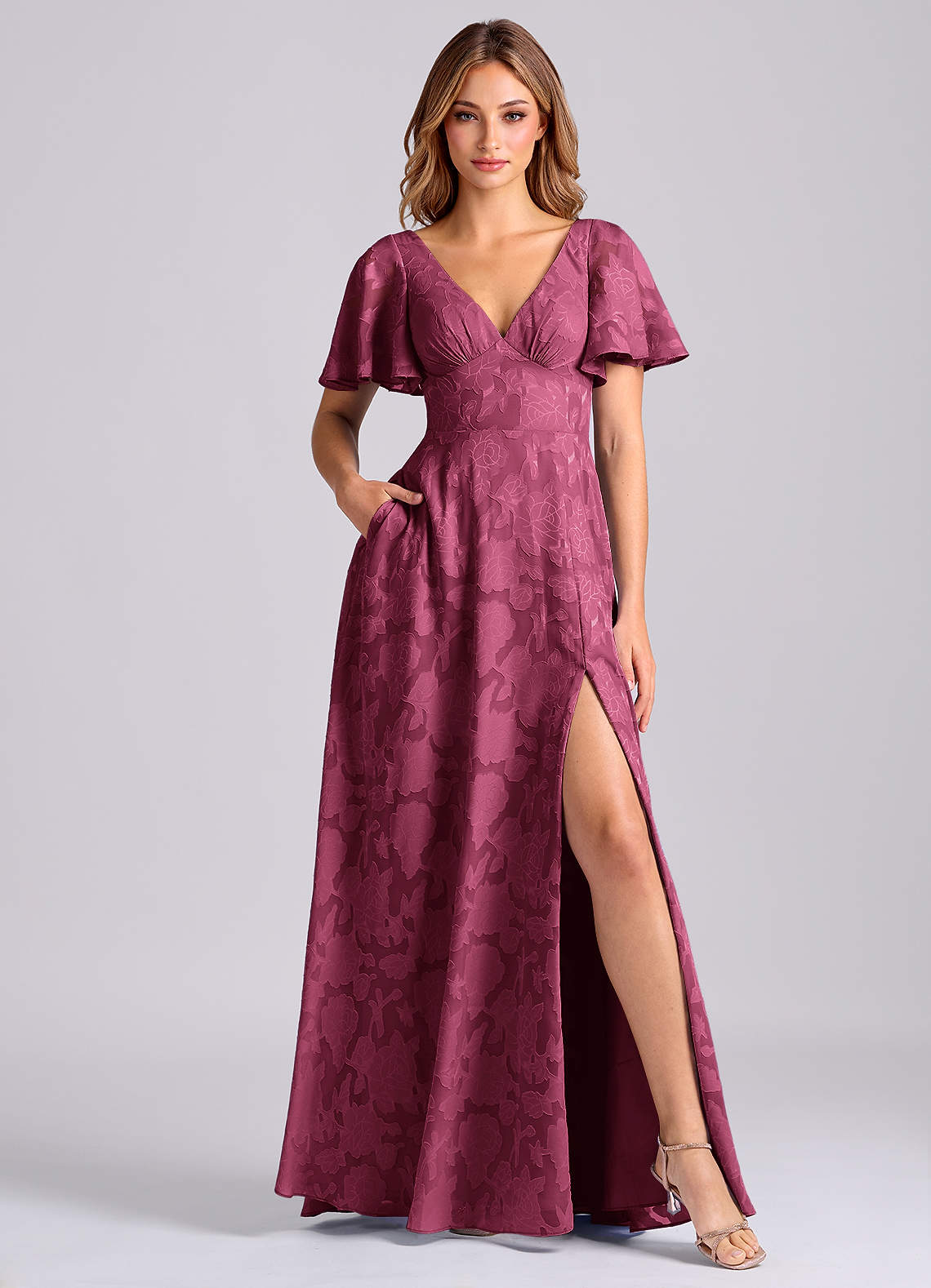 Kimber A-Line V-Neck Floral Burnout Bridesmaid Dress in Mulberry