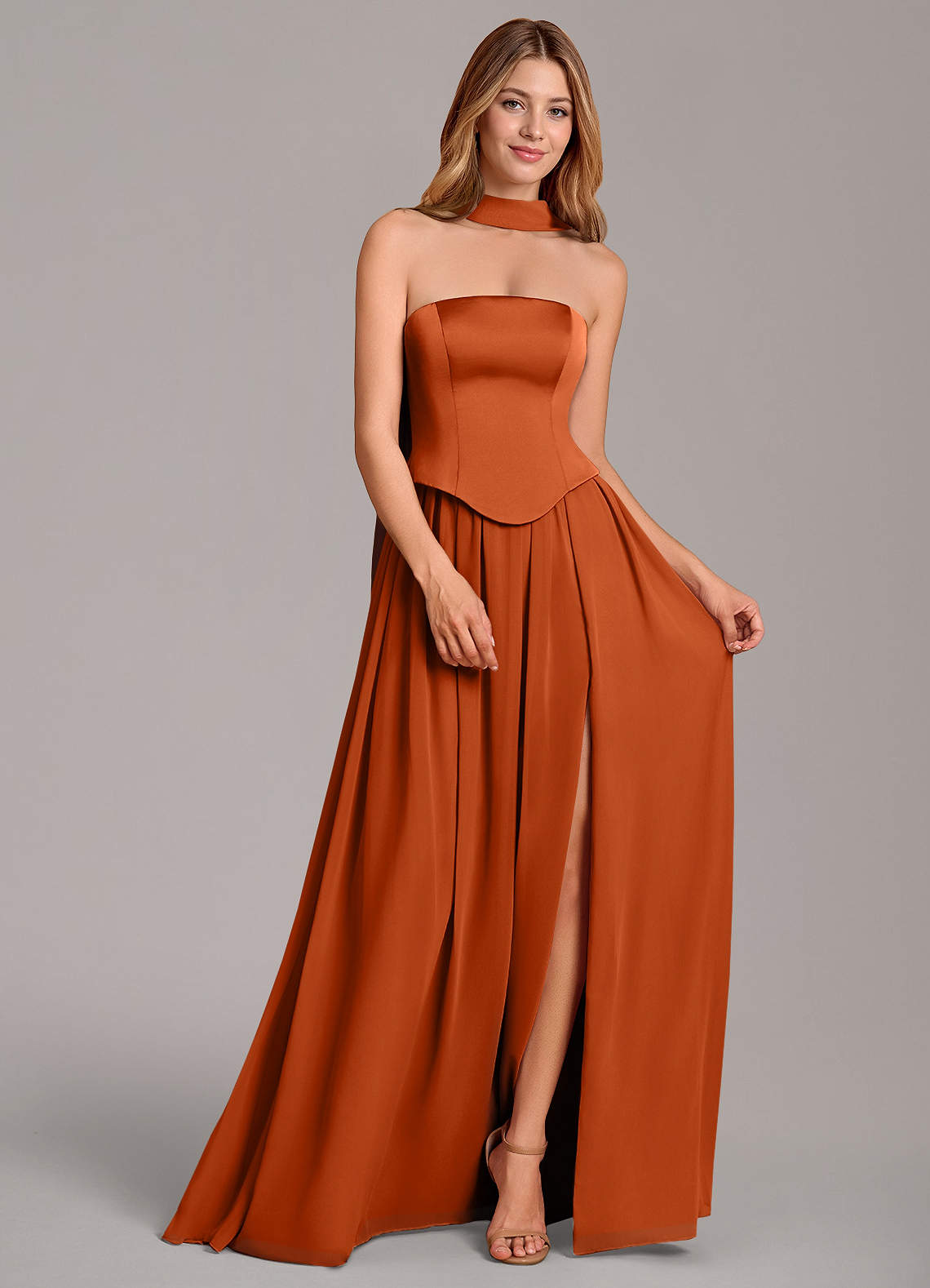 Cadence A-Line Strapless Chiffon and Stretch Satin Bridesmaid Dress in Burnt Orange