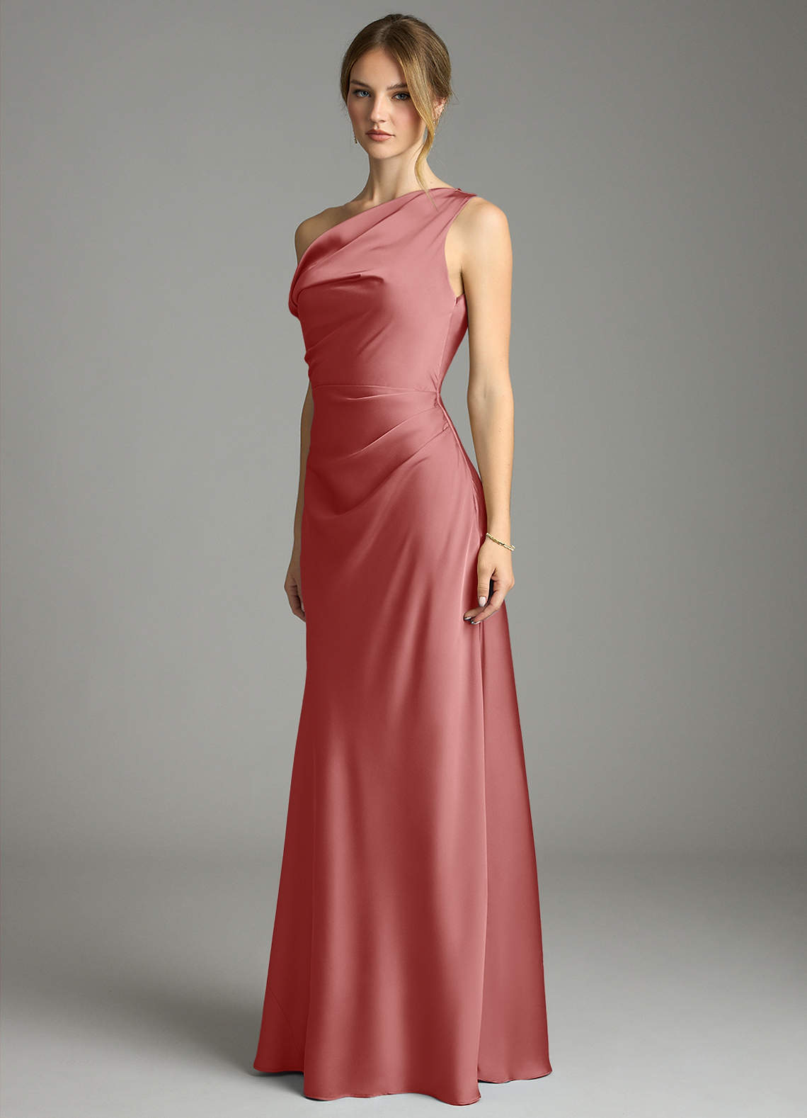 Emerson Mermaid One-Shoulder Stretch Satin Bridesmaid Dress in Antique Rose