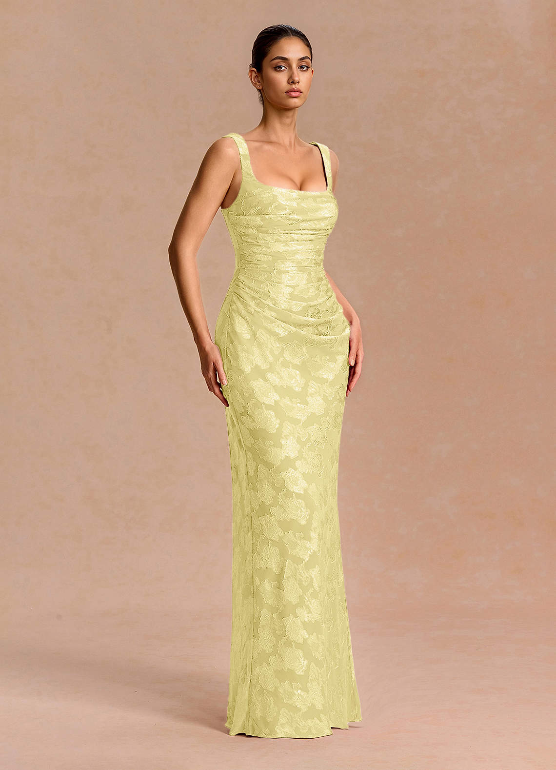 Agustina Square-Neck Pleated Fil Coupé Evening Dress in Lemon Sorbet