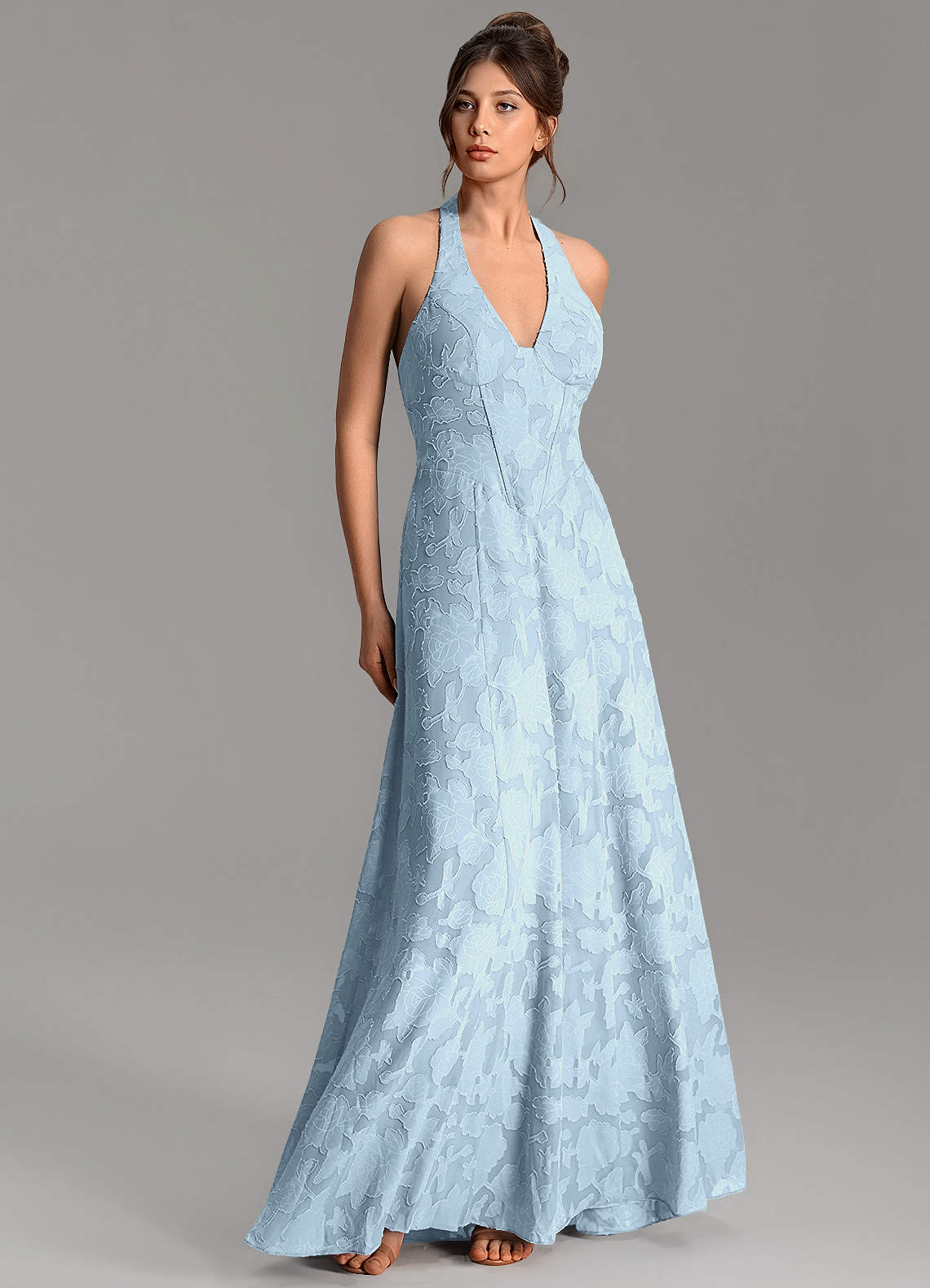 Nia A-Line V-Neck Floral Burnout Bridesmaid Dress in Sky Blue