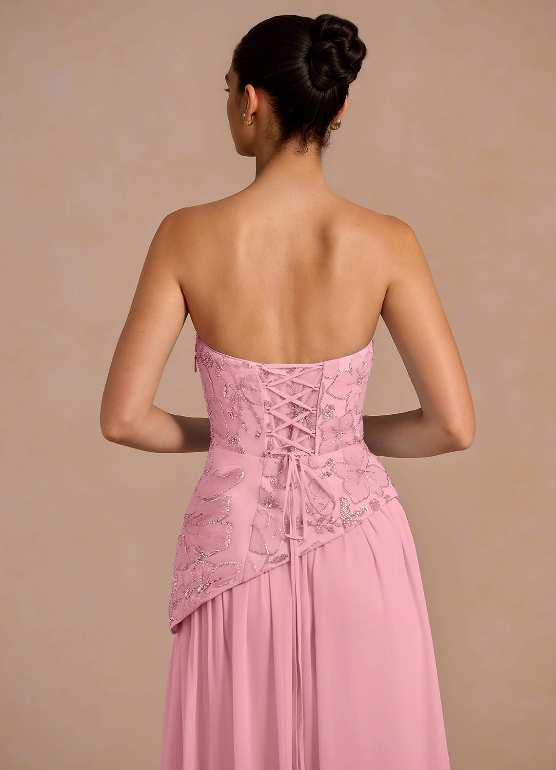 Galatea Sky Blue A-Line Floral Chiffon Evening Dress in Pink