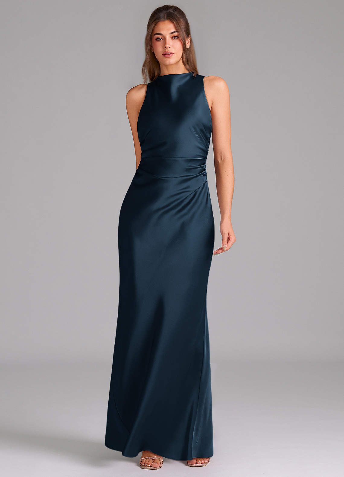 Evadne Sheath Scoop-Neck Stretch Satin Bridesmaid Dress in Dark Navy