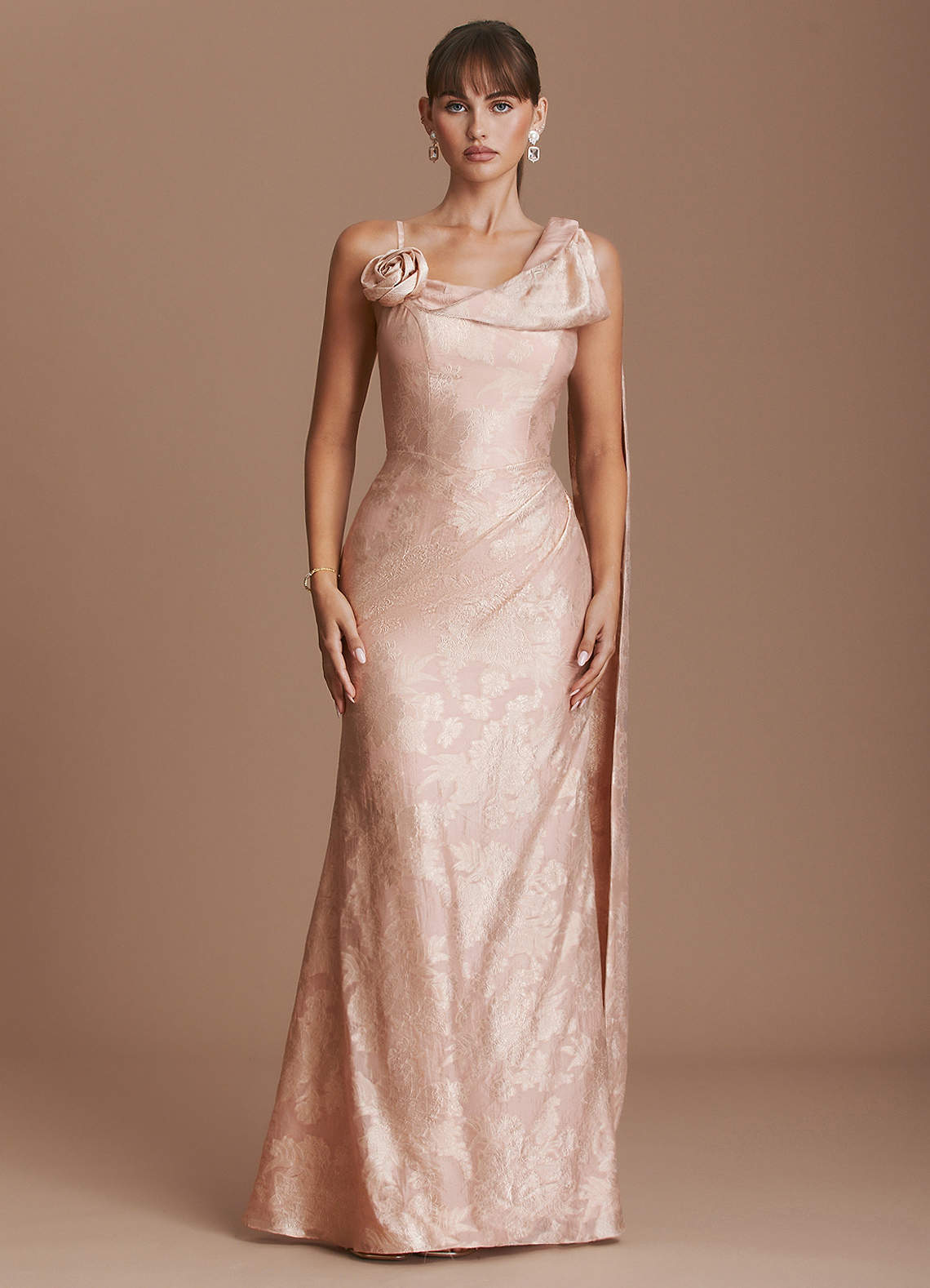 Clea Mermaid Cowl-Neck Floral Burnout Evening Dress in Apricot Blush
