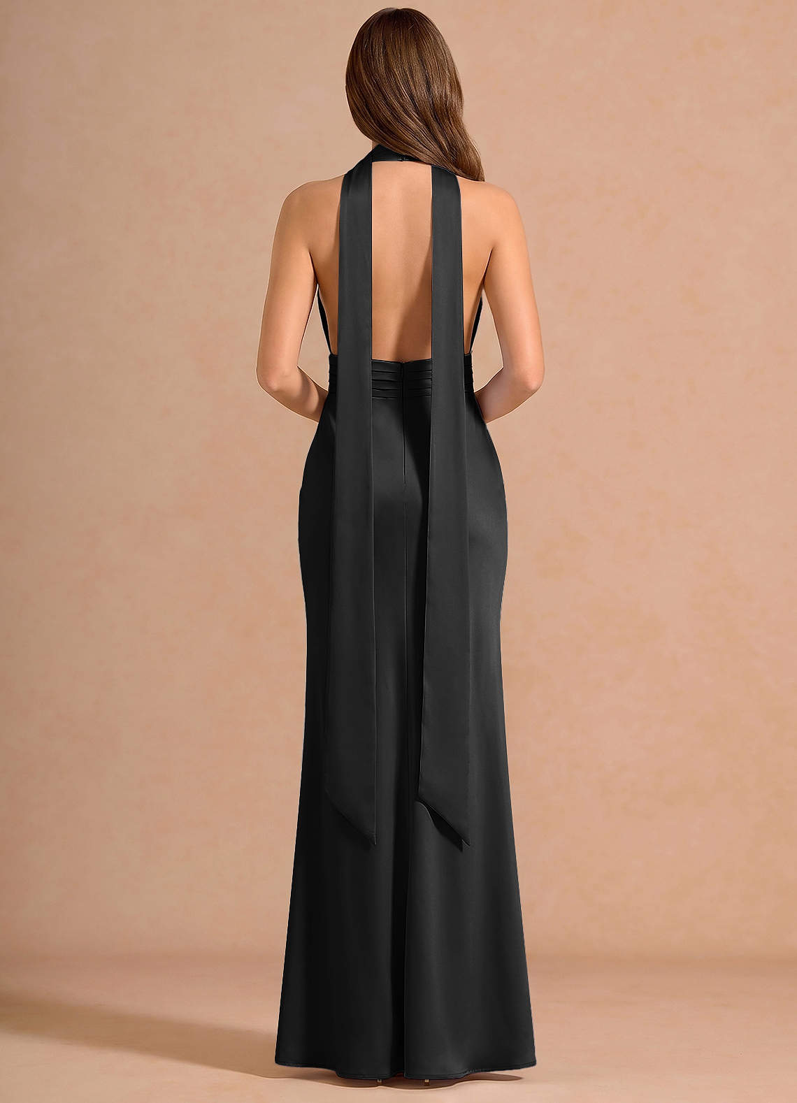 Linnea A-Line V-Neck Stretch Satin Evening Dress in black