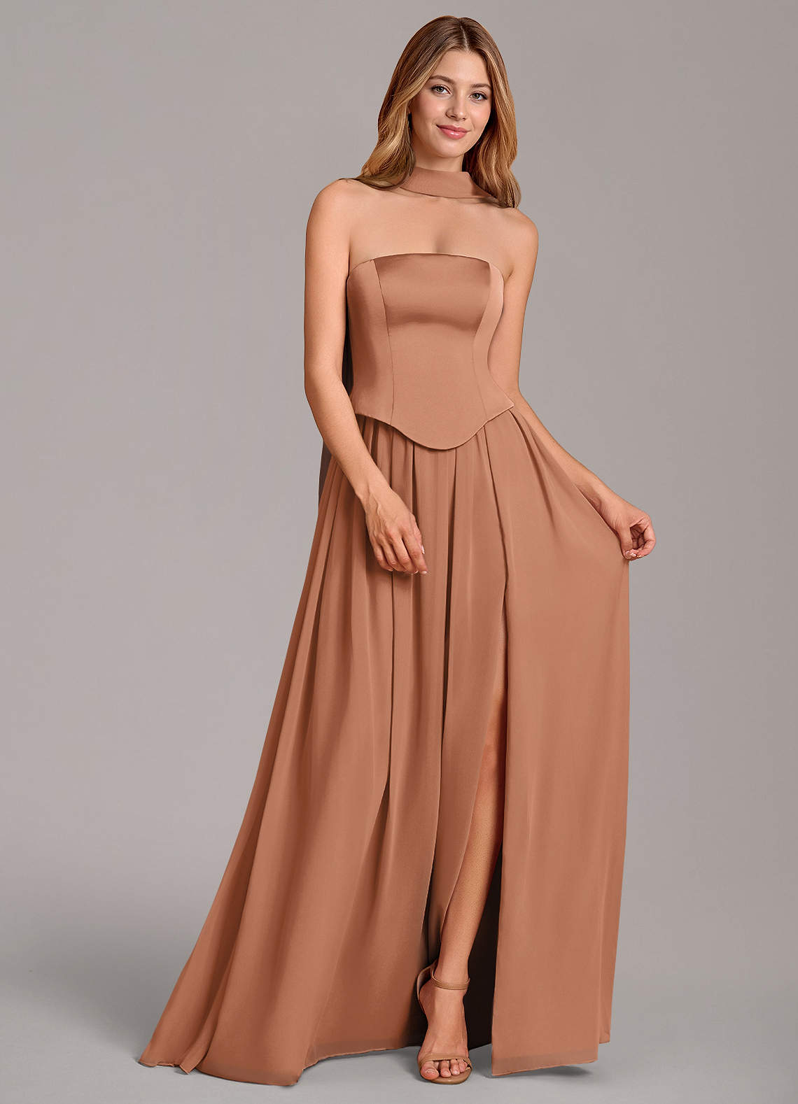 Cadence A-Line Strapless Chiffon and Stretch Satin Bridesmaid Dress in Bronzer