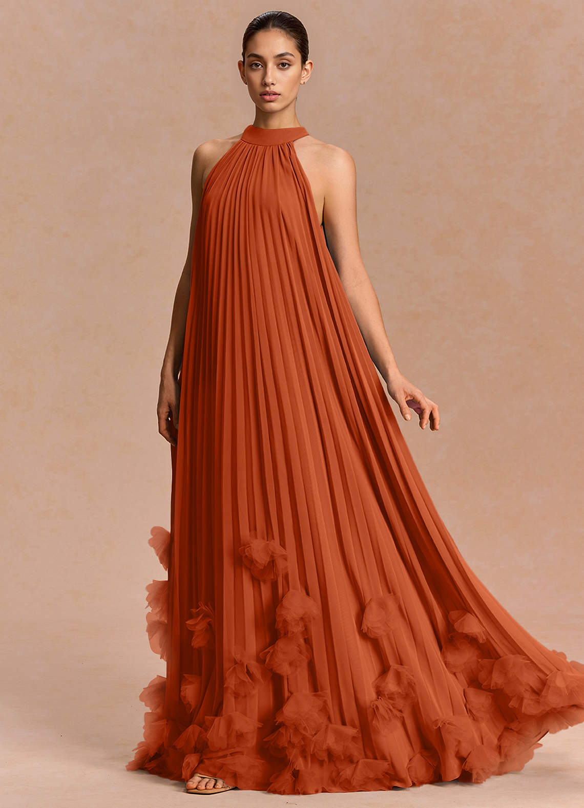Lucette A-Line Halter Chiffon Evening Dress in Rust