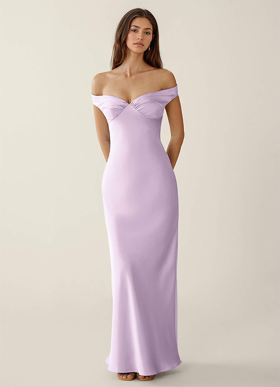 Gwendonme Sheath Off-the-Shoulder Satin Crystal Linen Evening Dress in Frosted Lilac