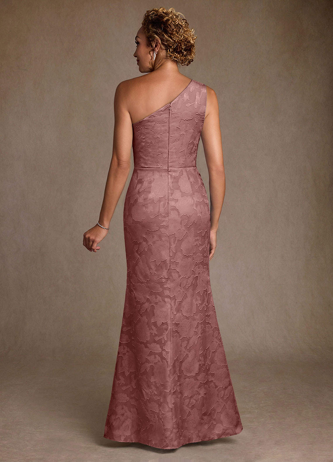 Joylin Trumpet One-Shoulder Floral Burnout Mother of the Bride Dress in Dusty Rose