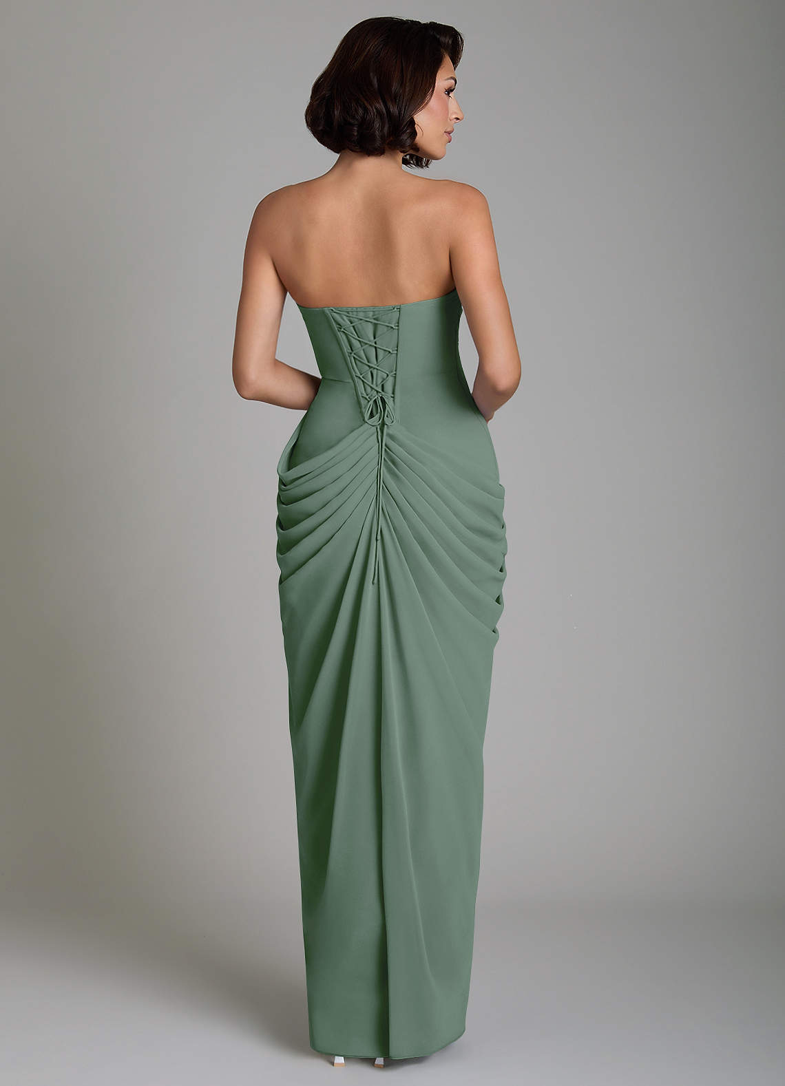 Nyra Sheath Strapless Chiffon Bridesmaid Dress in Eucalyptus