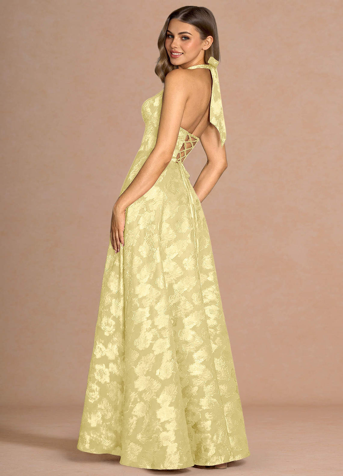 Isabeau A-Line V-Neck Fil Coupé Evening Dress in Lemon Sorbet
