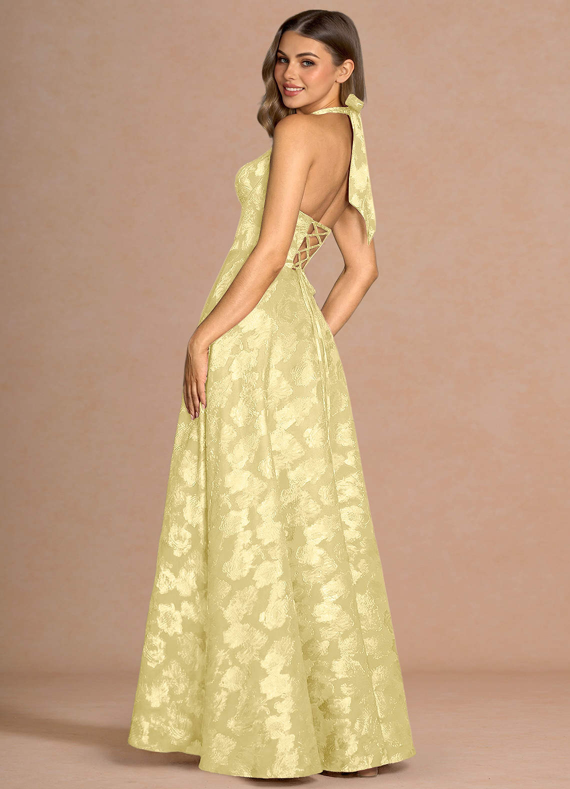 Isabeau A-Line V-Neck Fil Coupé Evening Dress in Lemon Sorbet