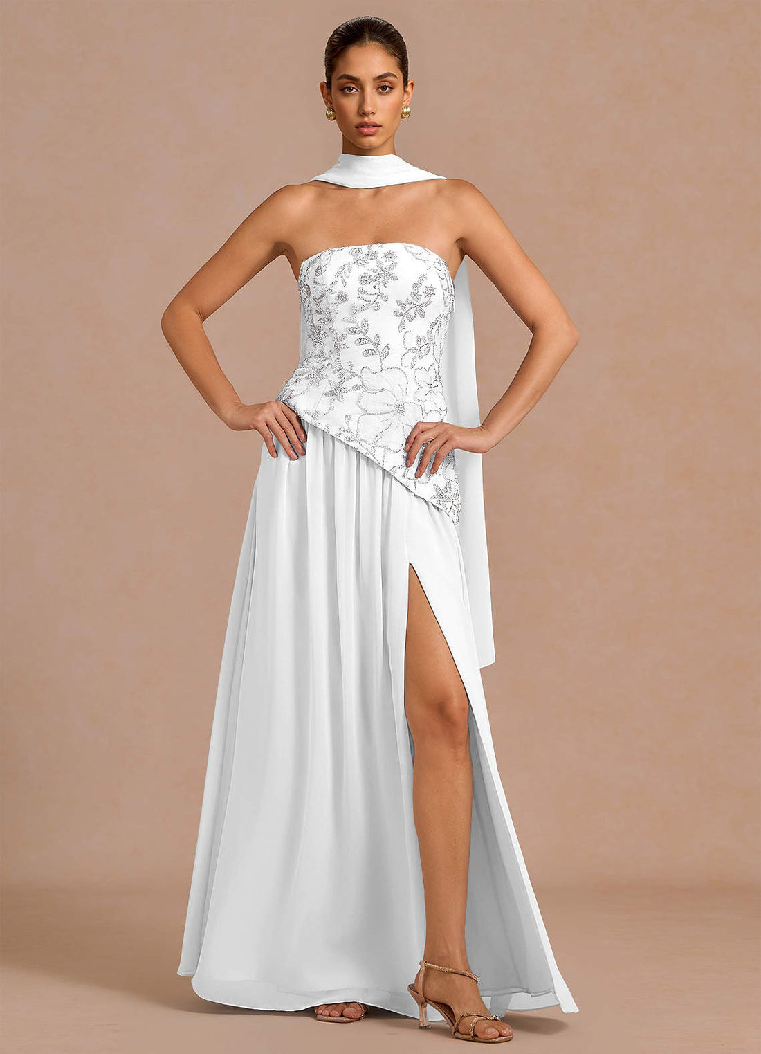 Galatea Sky Blue A-Line Floral Chiffon Evening Dress in White