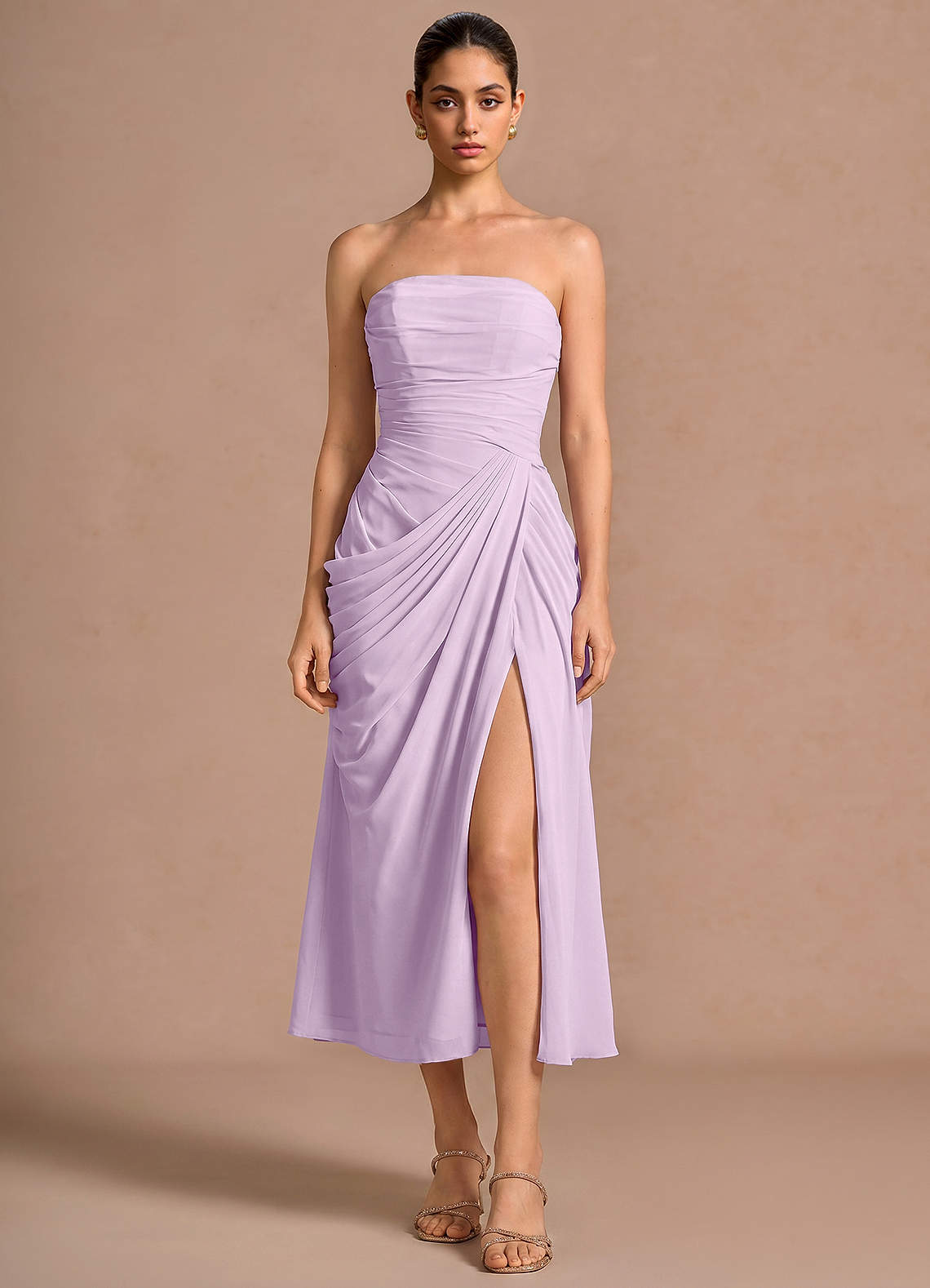 Kaavia Column Pleated Chiffon Midi Evening Dress in Dusty Blue