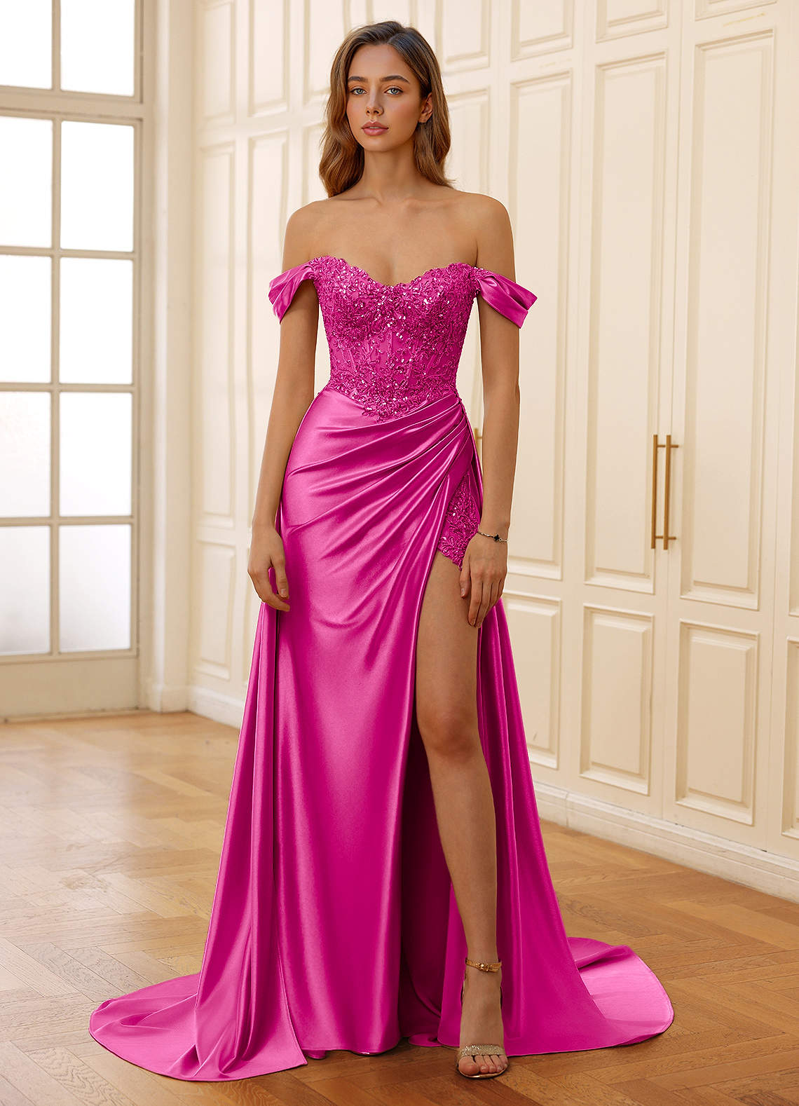 Rowane A-Line Off-the-Shoulder Satin Evening Dress in Magenta