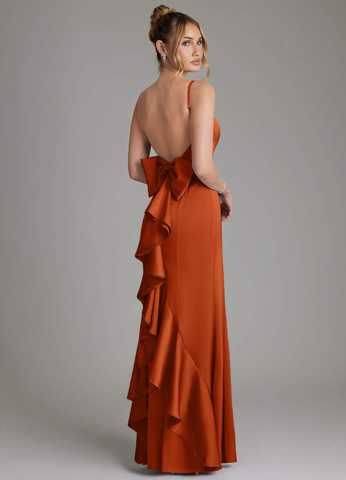 Zherra Mermaid Scoop-Neck Stretch Satin Bridesmaid Dress in Burnt Orange