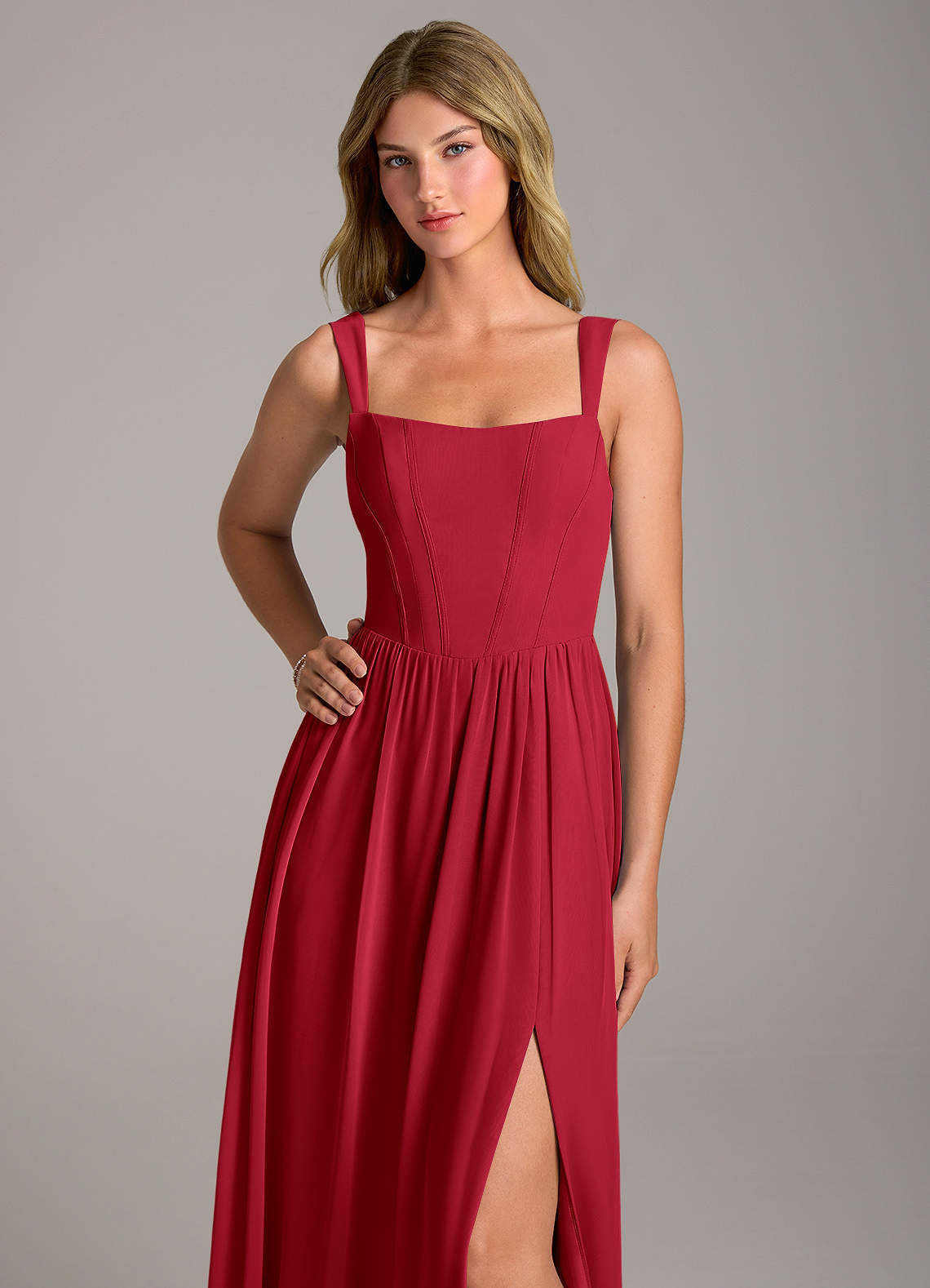 Rosaline A-Line Square-Neck Chiffon Bridesmaid Dress in Scarlet