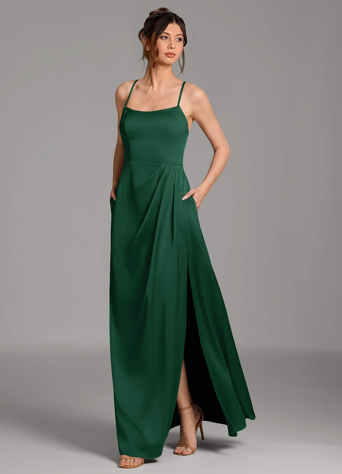 Frankie A-Line Scoop-Neck Stretch Satin Bridesmaid Dress in Dark Green