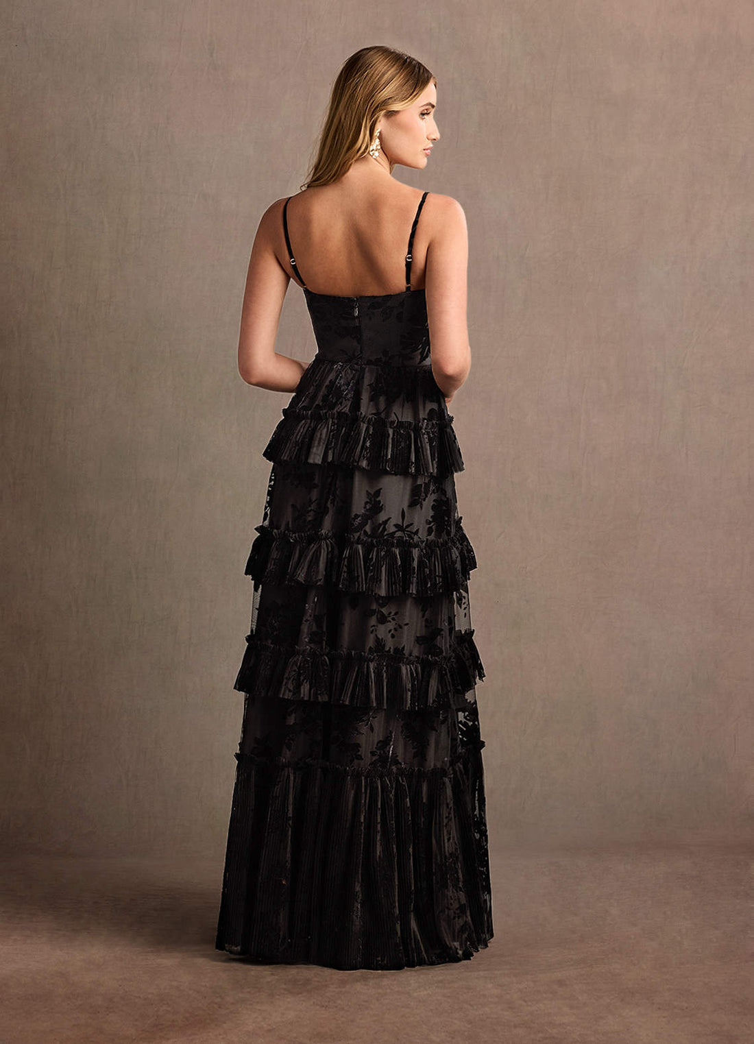 Cammy A-Line V-Neck Flocked Velvet Wedding Guest Dress in Black