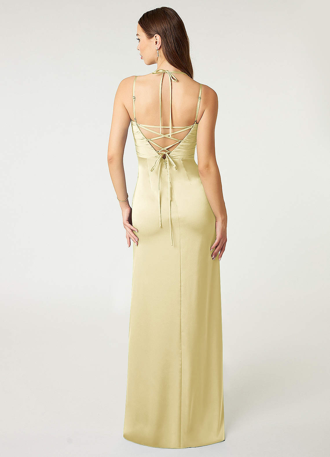 Desi Sheath Halter Stretch Satin Bridesmaid Dress in Lemon Sorbet