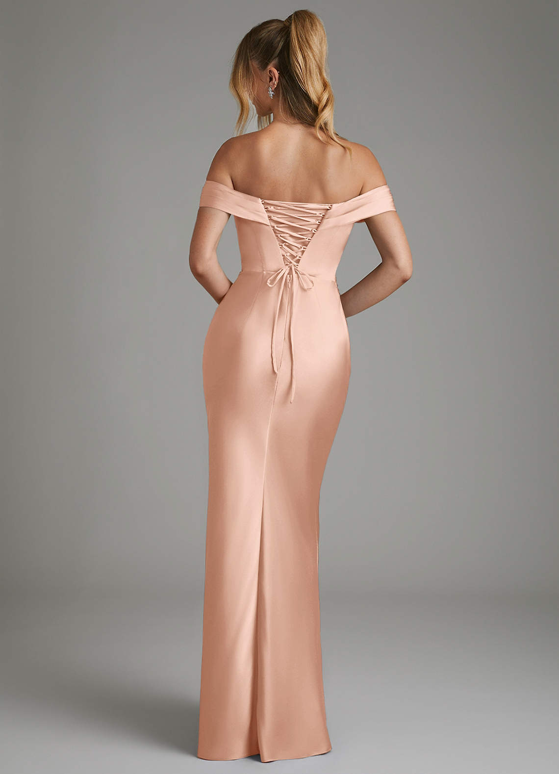 Hayden Mermaid Off-the-Shoulder Stretch Satin Bridesmaid Dress in rose gold