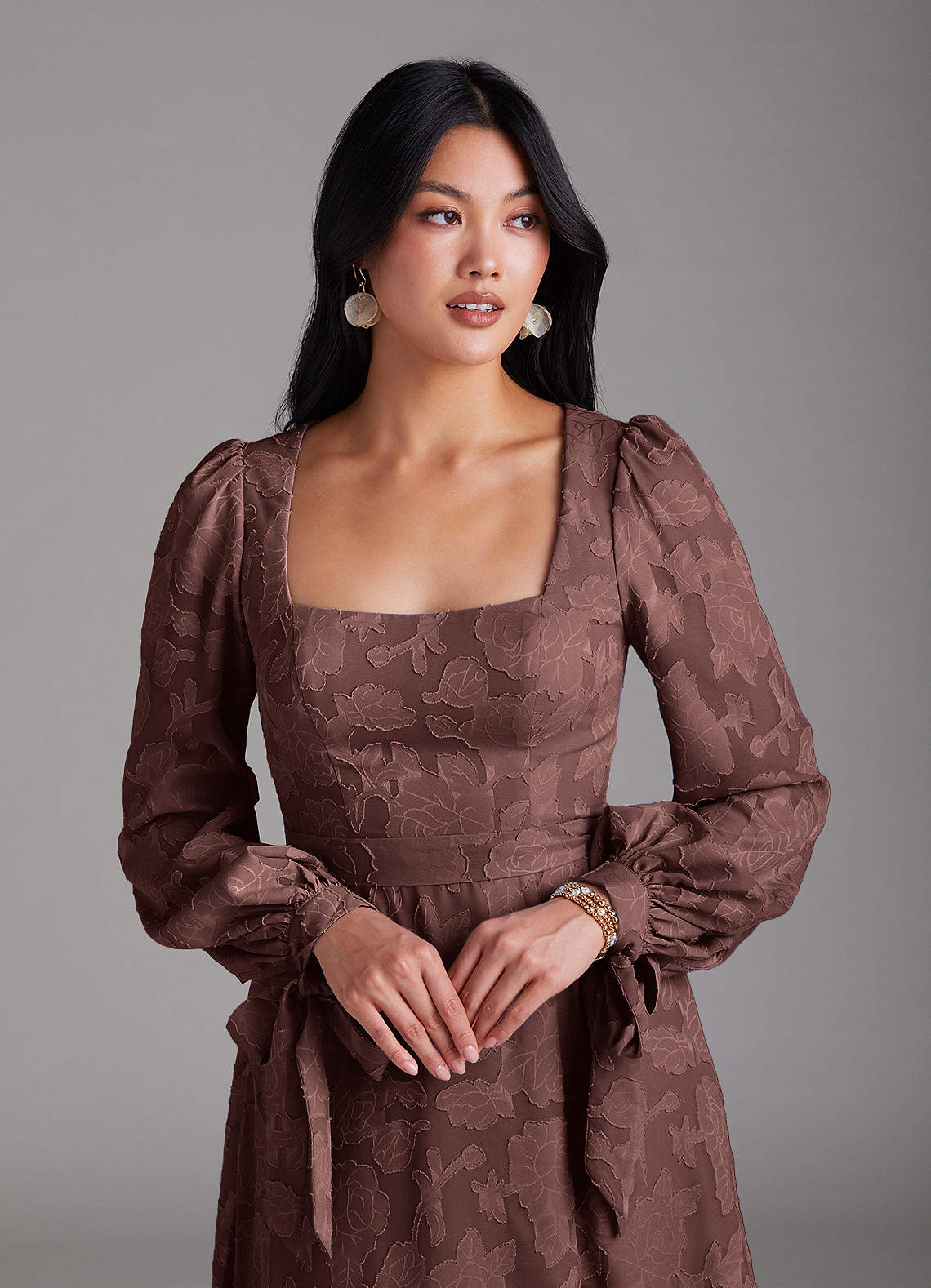 Leonia A-Line Square-Neck Stretch Satin Bridesmaid Dress in Espresso