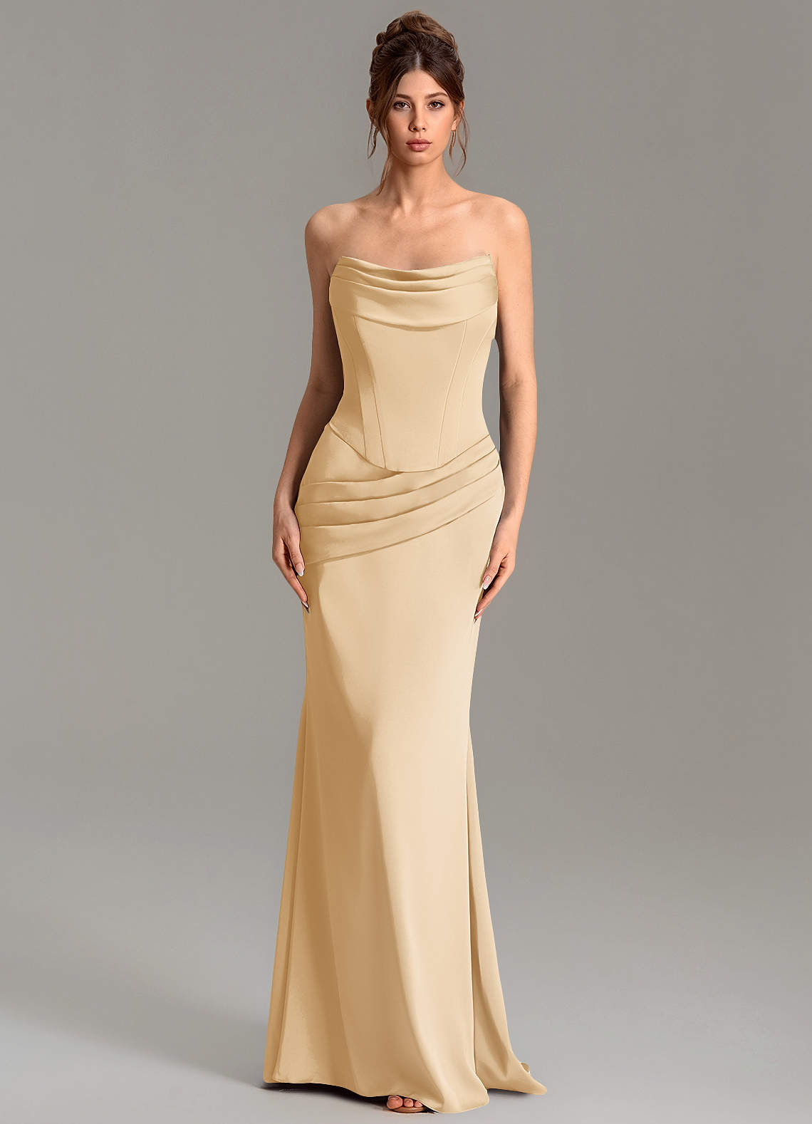 Adrienne Mermaid Cowl-Neck Stretch Satin Bridesmaid Dress in Gold
