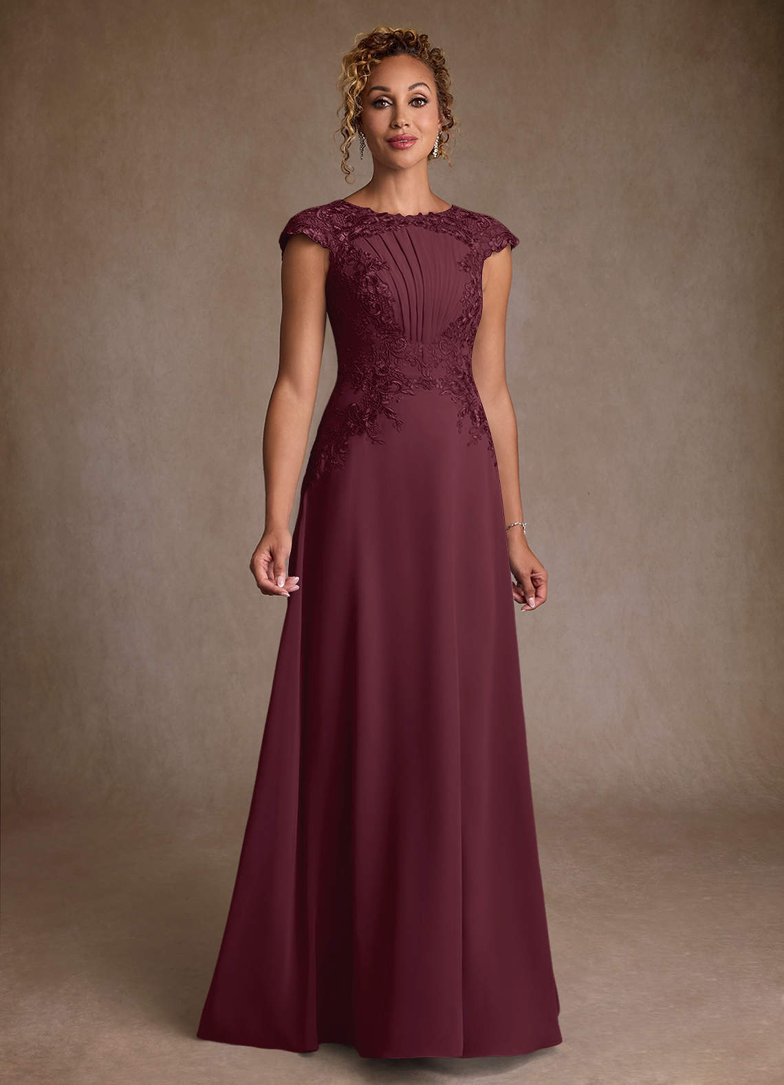 Christi A-Line Scoop-Neck Chiffon and Lace Mother of the Bride Dress in Cabernet