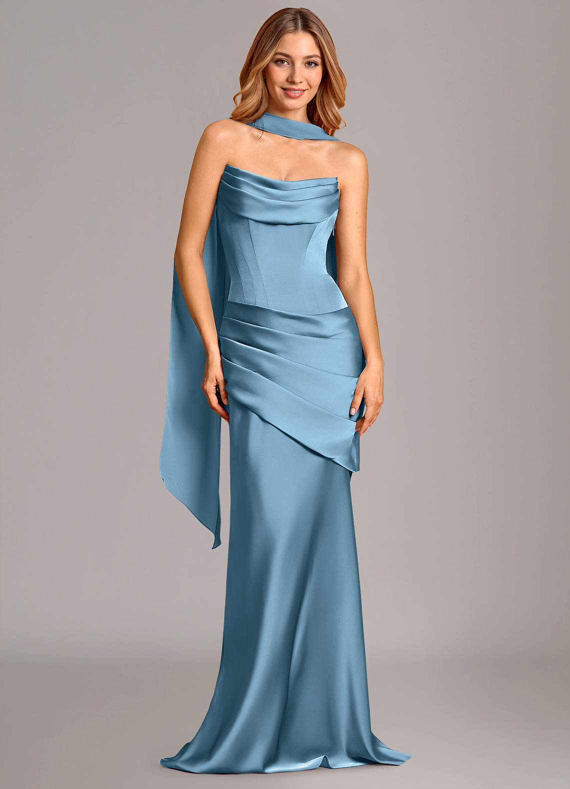Pelagia Mermaid Cowl-Neck Stretch Satin Bridesmaid Dress in Steel Blue