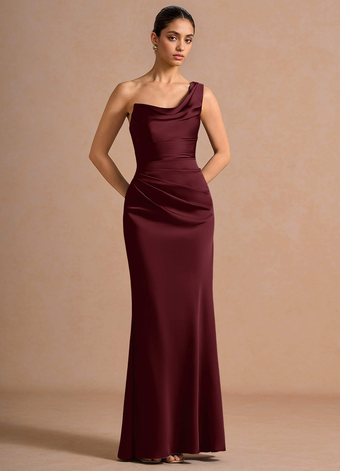 Cassiopeia One-Shoulder Draped Stretch Satin Evening Dress in Wine