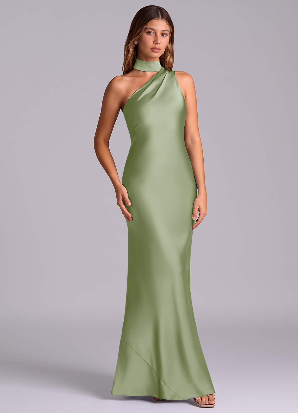 Seona Mermaid One-Shoulder Stretch Satin and Tulle Bridesmaid Dress in Dusty Sage