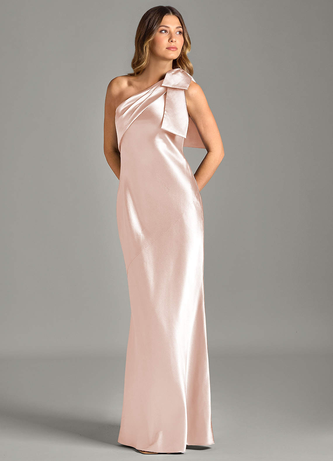 Yuanna Mermaid One-Shoulder Metallic Satin Bridesmaid Dress in rose gold