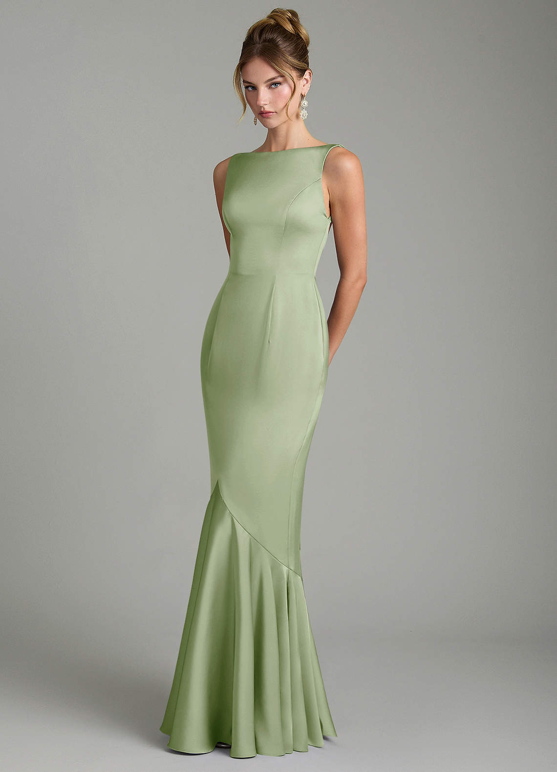 Tamera Mermaid Boat-Neck Stretch Satin and Chiffon Bridesmaid Dress in Dusty Sage