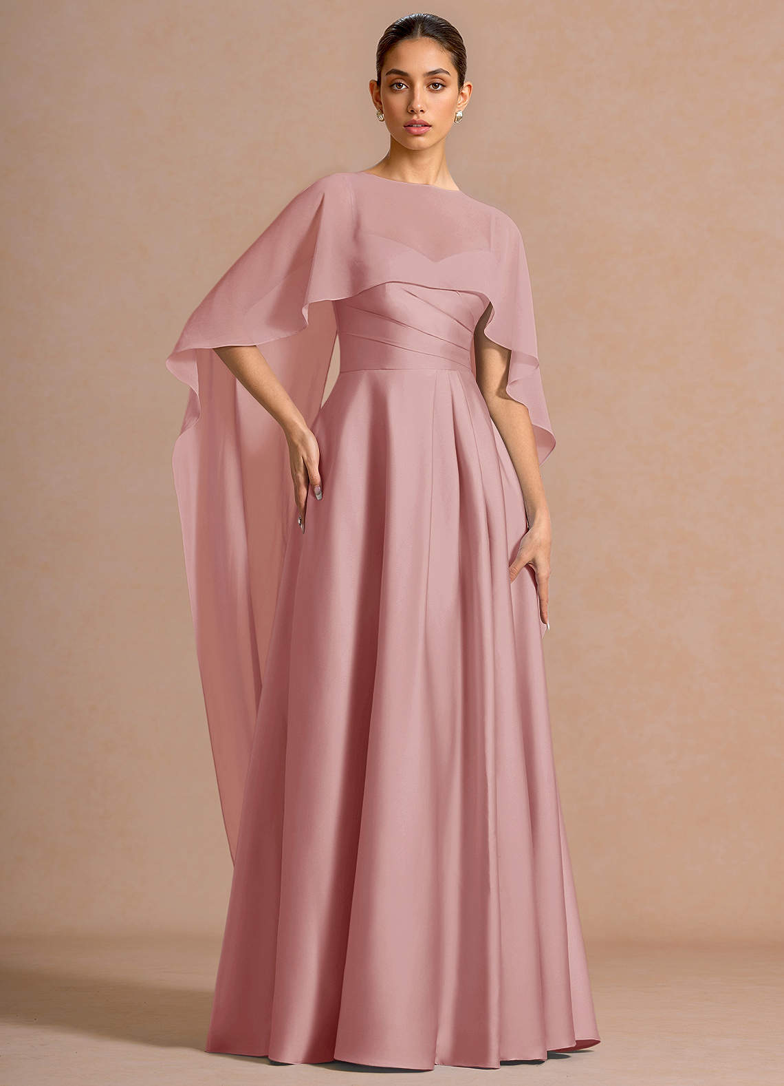 Nancy A-Line V-Neck Stretch Satin and Chiffon Evening Dress in Light Pink