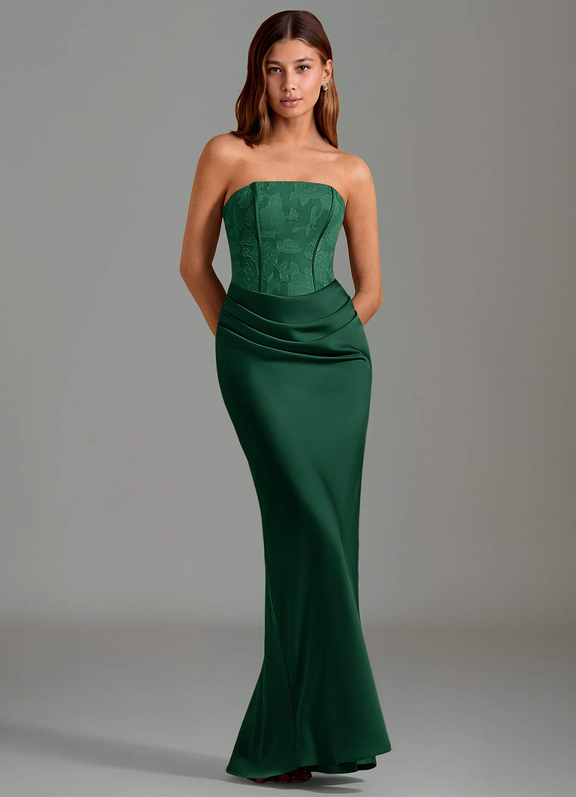 Emilia Mermaid Strapless Stretch Satin and Floral Burnout Bridesmaid Dress in Dark Green