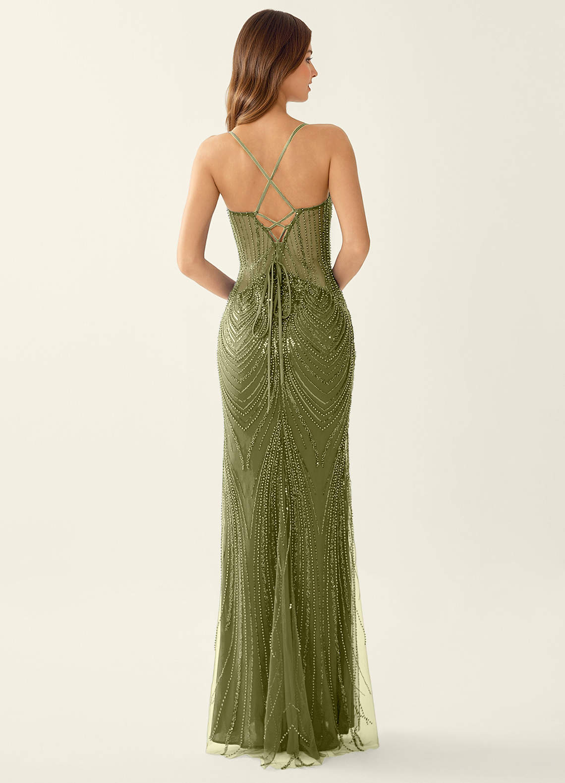 Magnolia Mermaid Beaded Sequined Stretch Mesh Evening Dress in Olive