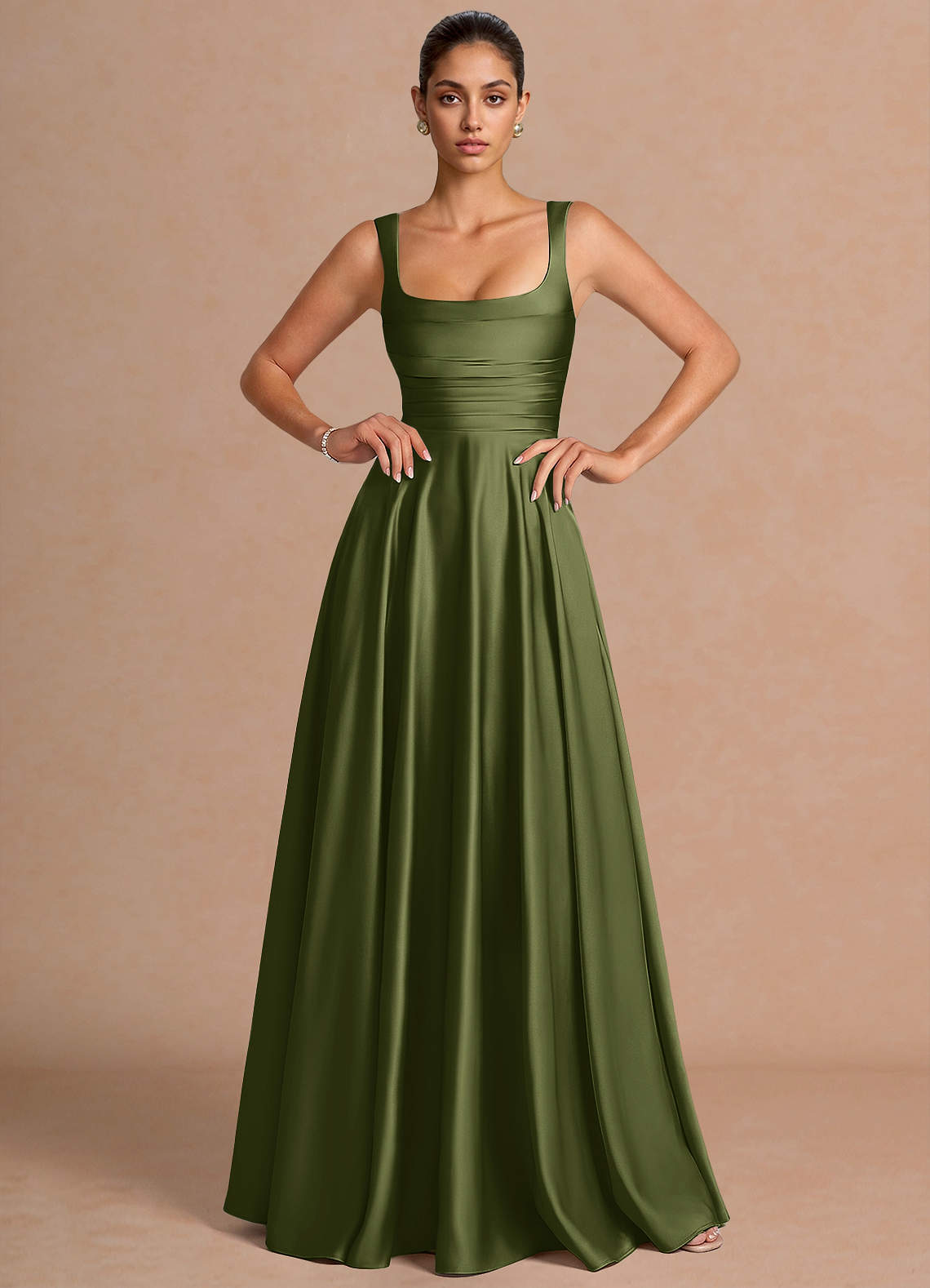 Azaria A-Line Square-Neck Stretch Satin Wedding Guest Dress in Haze blue