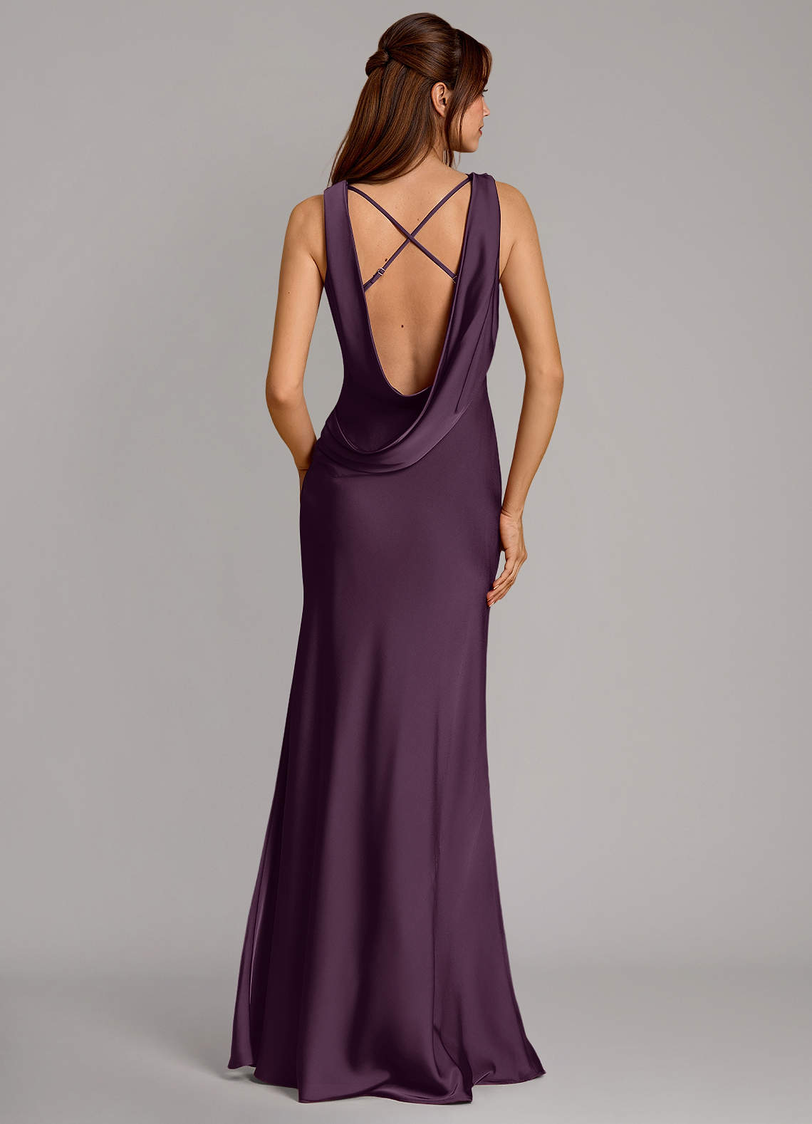 Cheryl Mermaid Cowl-Neck Stretch Satin Bridesmaid Dress in Plum