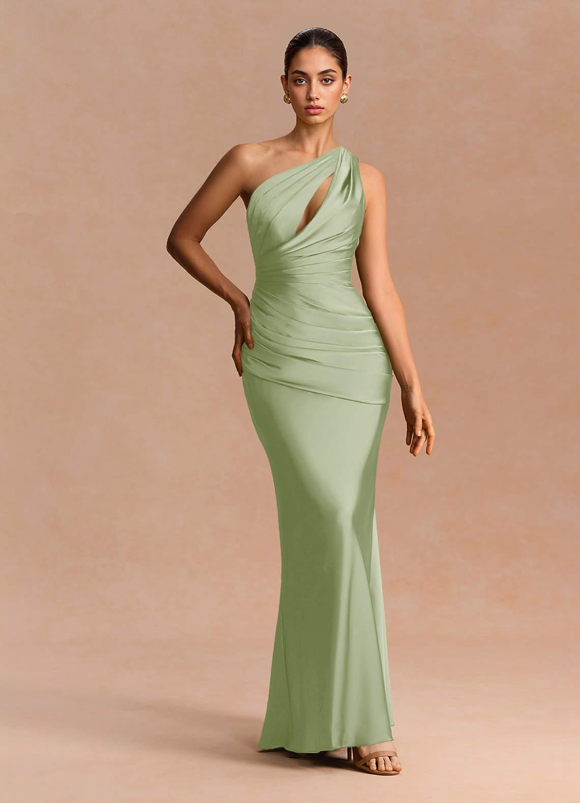 Guinevere One-Shoulder Cutout Stretch Satin Evening Dress in Dusty Blue