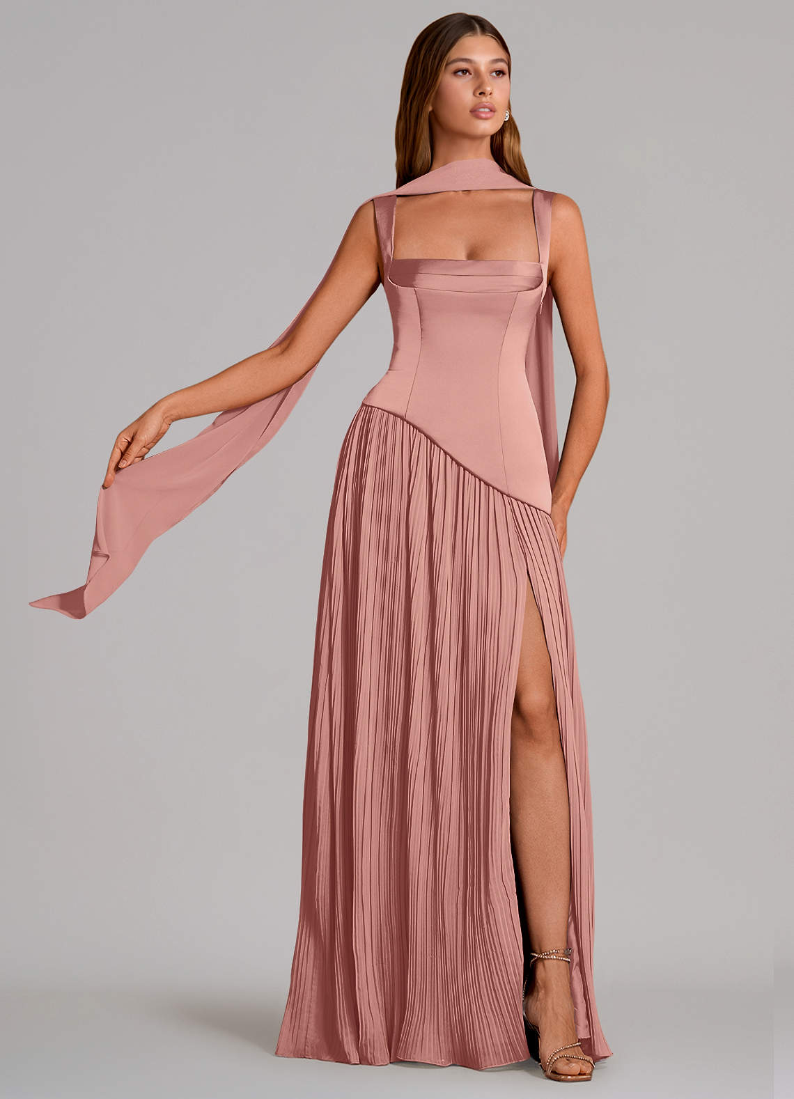 Stephanie A-Line Square-Neck Stretch Satin and Chiffon Bridesmaid Dress in Rosette