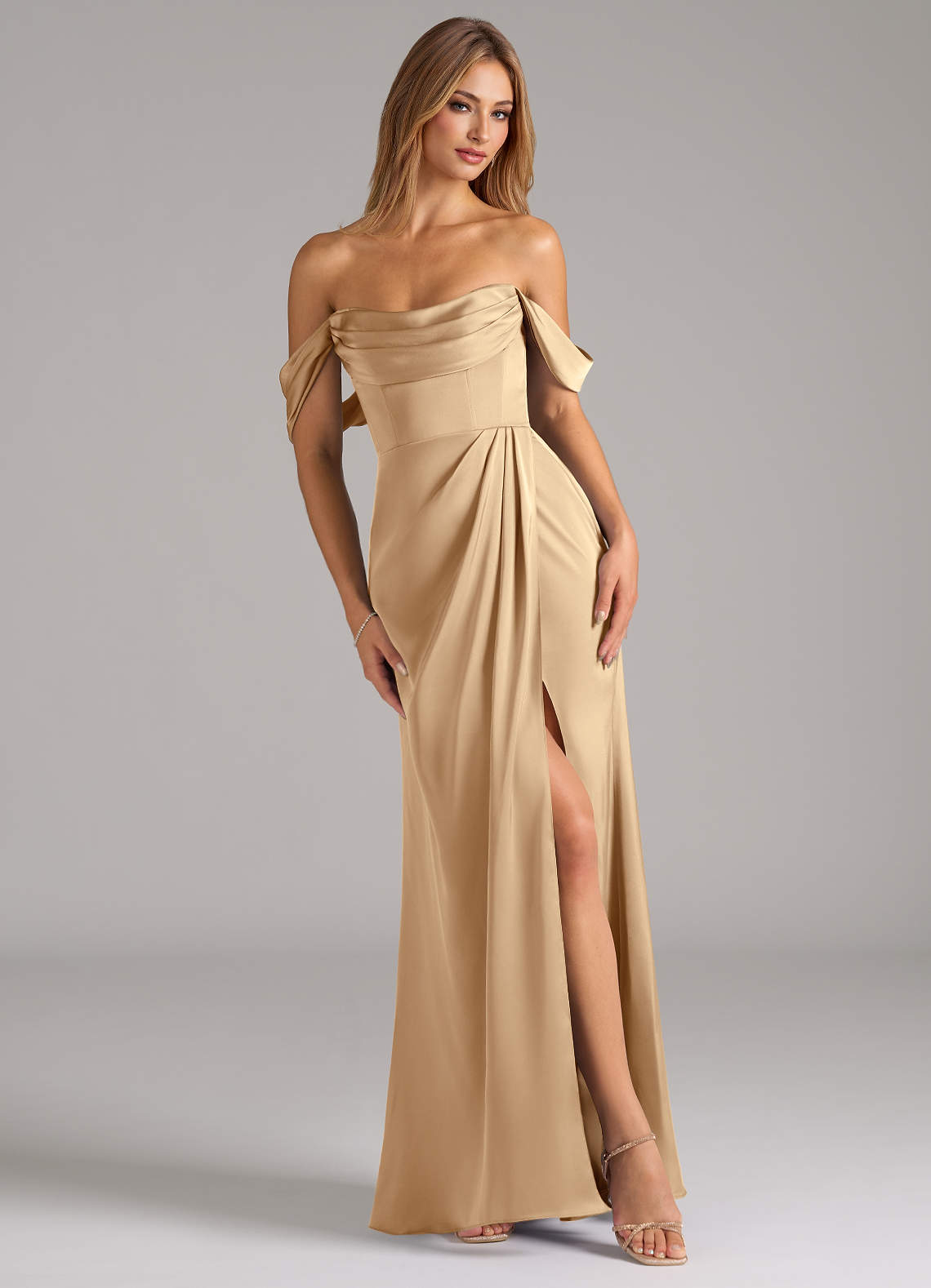 Johana Mermaid Off-the-Shoulder Stretch Satin Bridesmaid Dress in Champagne